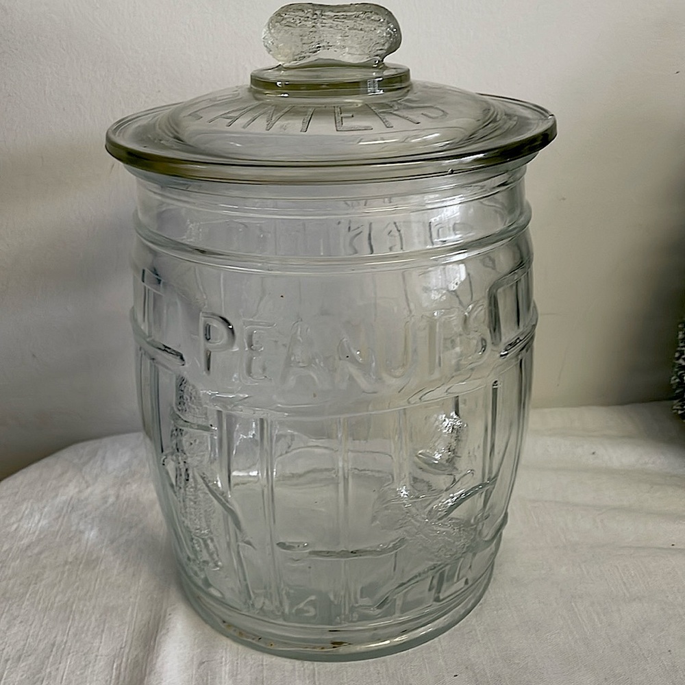 Vintage PLANTERS PEANUTS antique glass candy jar RARE! Mr Peanut 🥜 clear Barrel